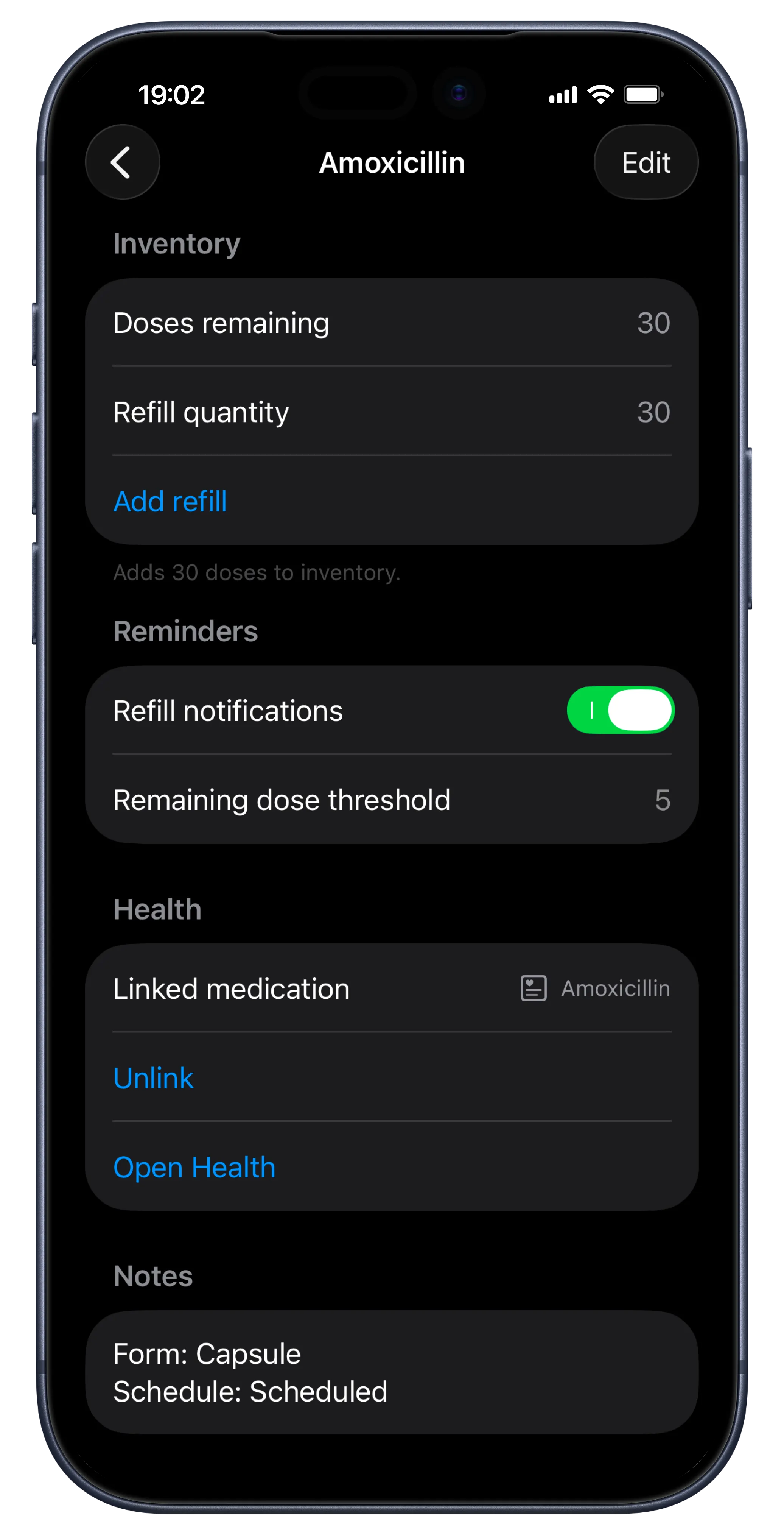 MedCount medication detail screen showing remaining doses, refill quantity, one-tap refill, refill notifications, and Apple Health linking for Amoxicillin