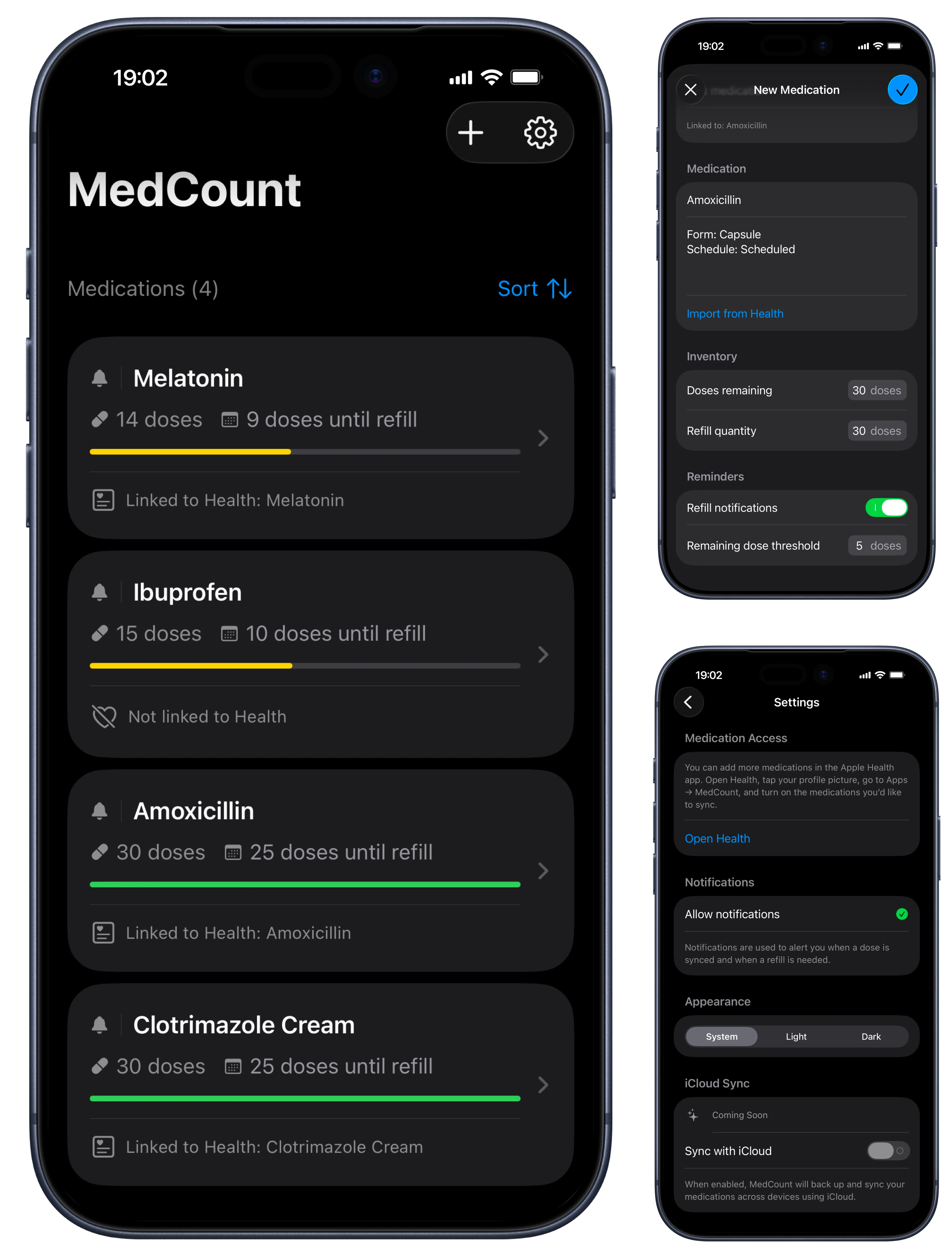 MedCount app screens showing the medication list, a new medication setup screen, and app settings with refill notifications and Apple Health integration options