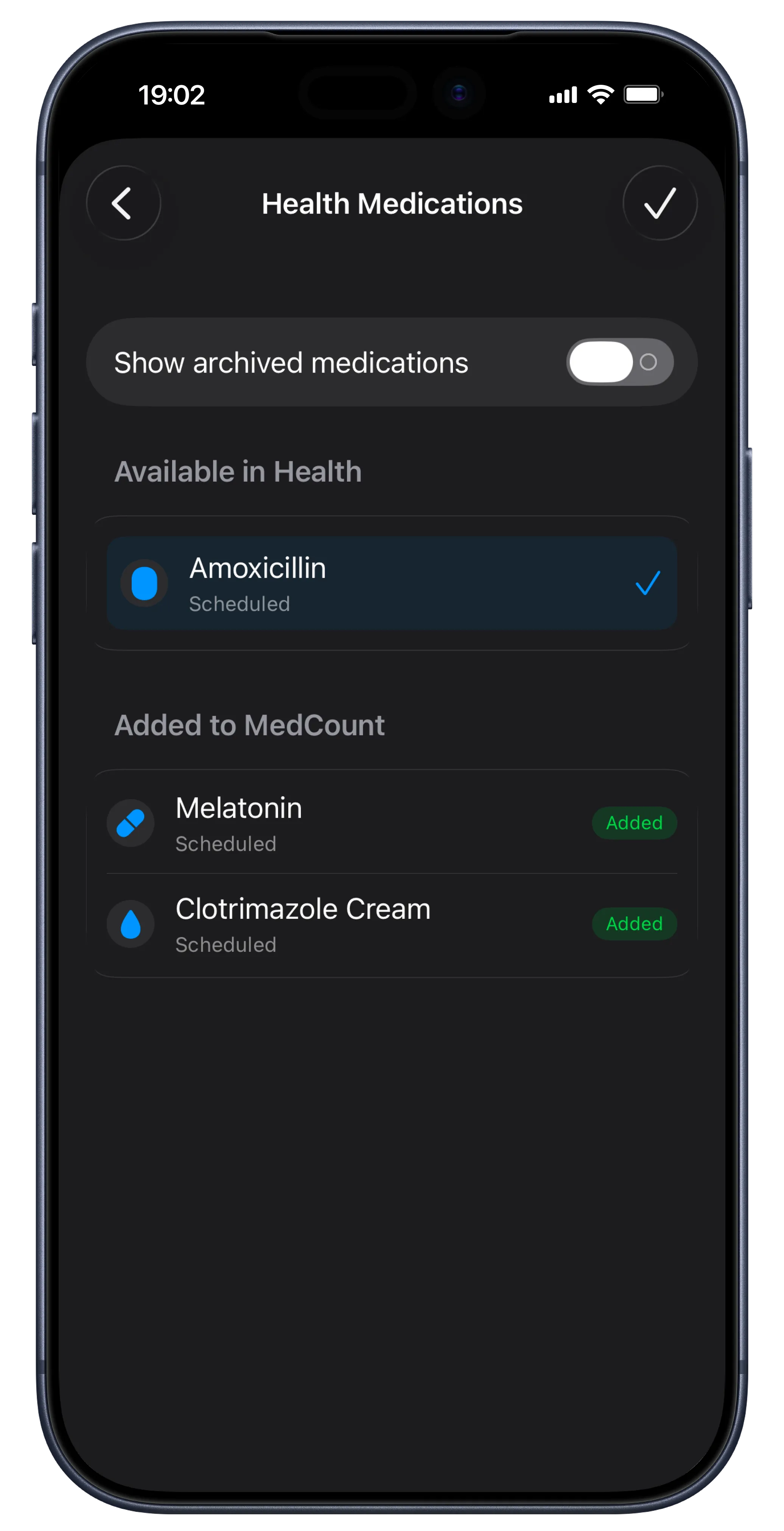 MedCount Apple Health integration screen showing available medications, archived toggle, and imported items synced from Apple Health
