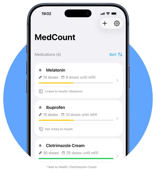 MedCount home screen showing a list of medications with remaining doses and refill progress bars